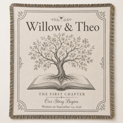 Personalized love story wedding woven blanket with custom couple names Willow and Theo