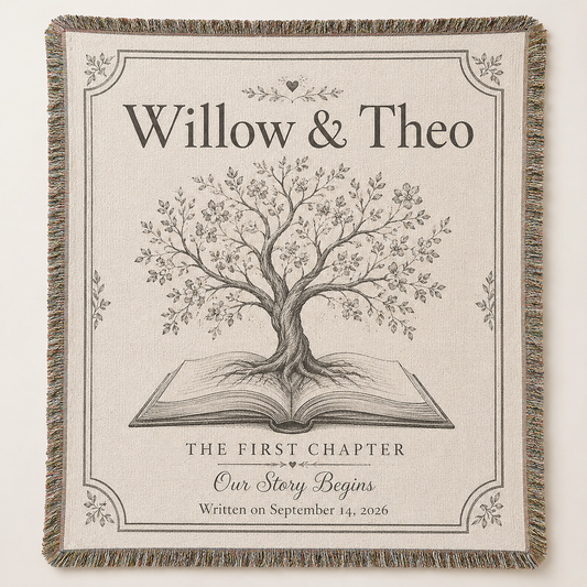Personalized love story wedding woven blanket with custom couple names Willow and Theo