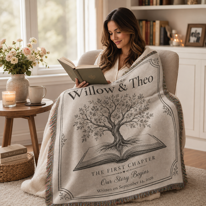 Personalized love story wedding woven blanket used in a cozy reading nook