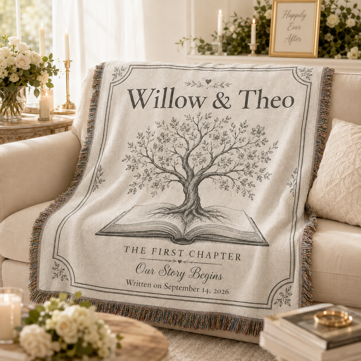 Personalized love story wedding woven blanket softly draped on a neutral sofa