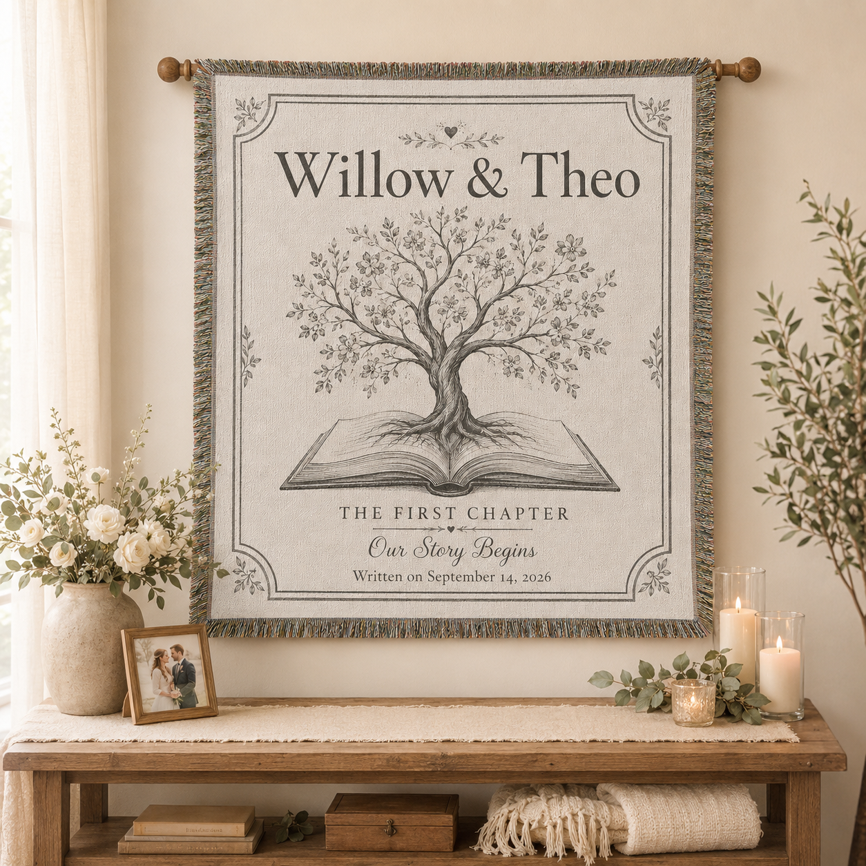 Personalized love story wedding woven blanket displayed as romantic wall decor