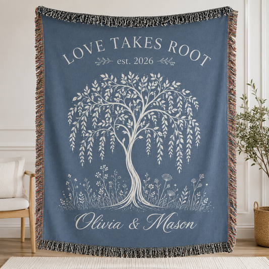Personalized Love Takes Root wedding woven blanket with custom couple names and established year