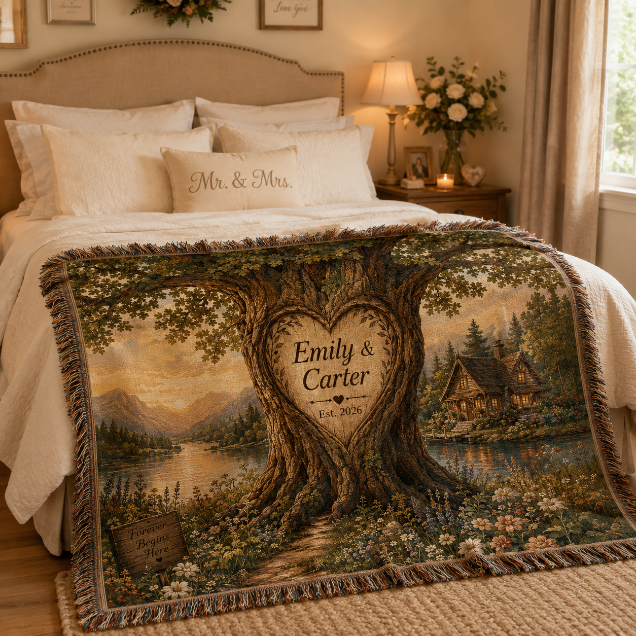 Personalized love tree wedding woven blanket styled across a romantic bedroom bed
