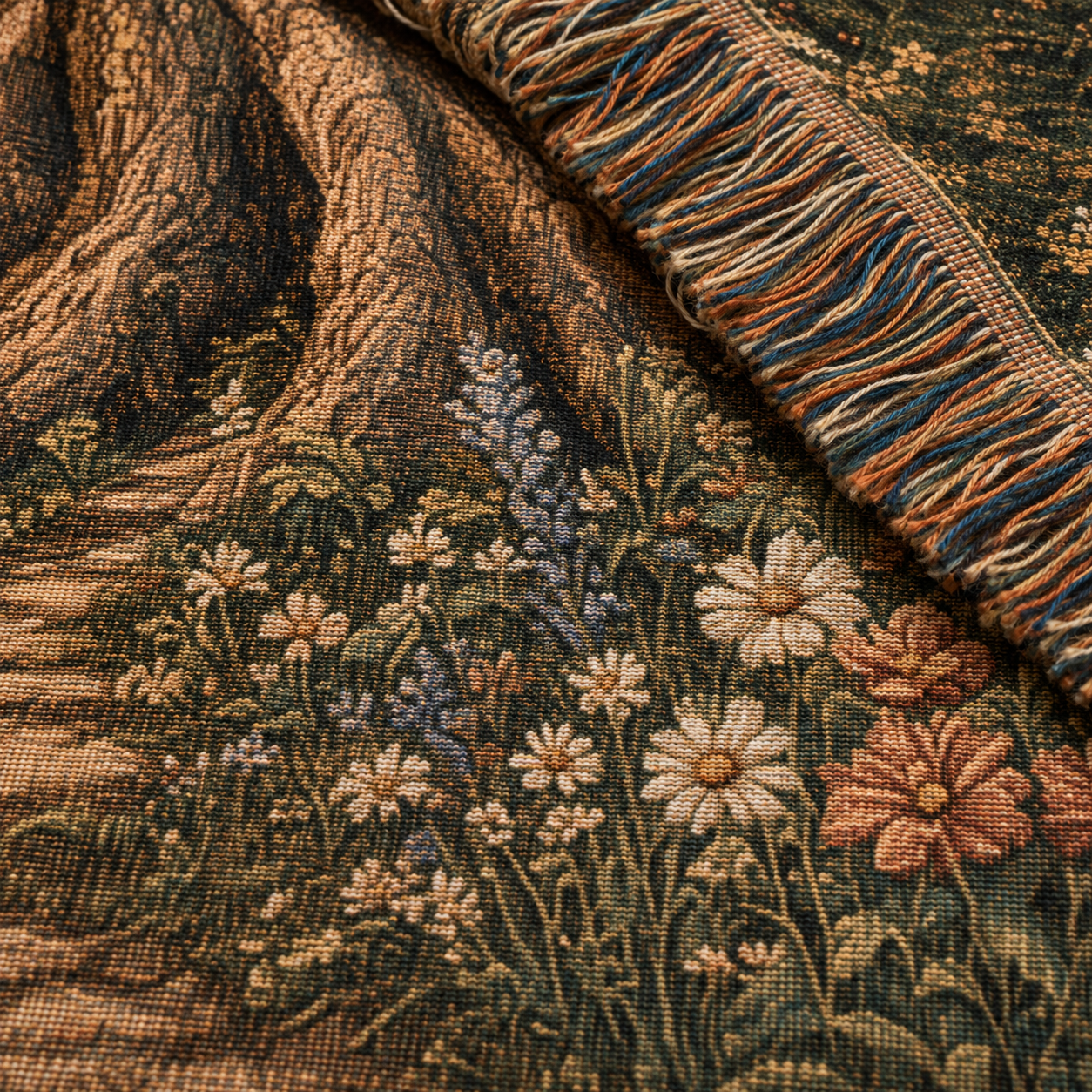 Macro close-up of personalized love tree woven blanket texture, floral weave and multicolor fringe