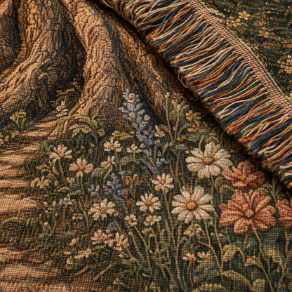 Macro close-up of personalized love tree woven blanket texture, floral weave and multicolor fringe