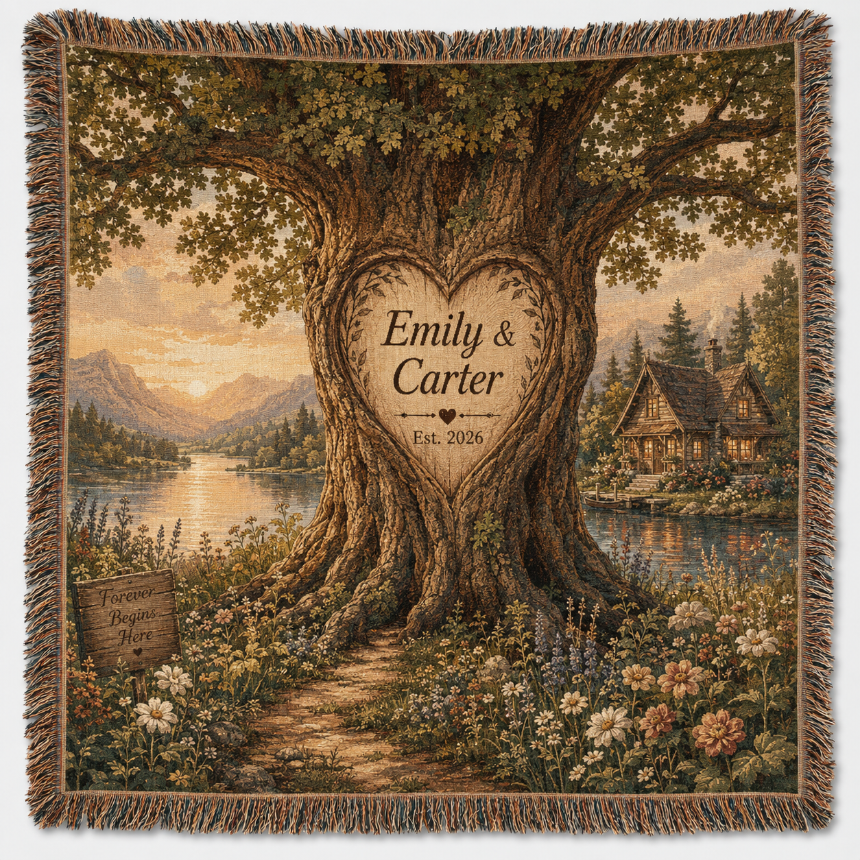 Personalized love tree wedding woven blanket with custom couple names, est year, lakeside cottage and multicolor fringe
