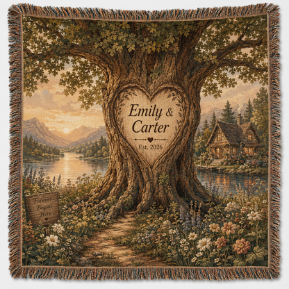 Personalized love tree wedding woven blanket with custom couple names, est year, lakeside cottage and multicolor fringe