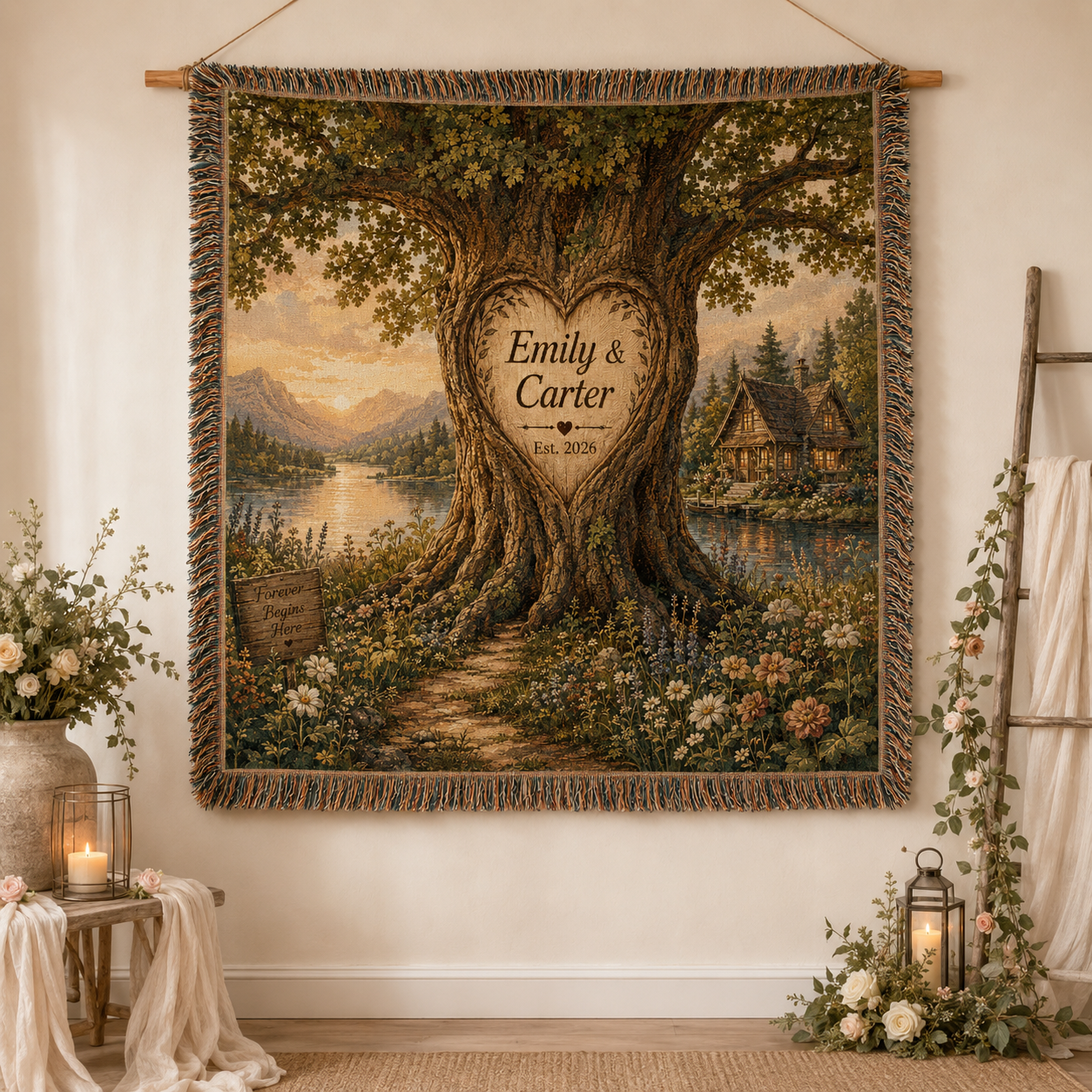 Personalized love tree wedding woven blanket displayed as romantic rustic wall decor