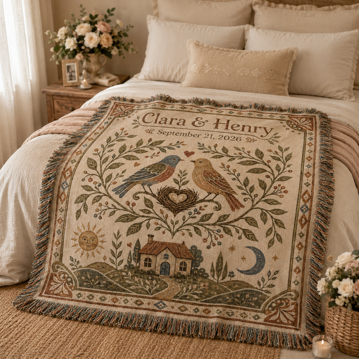 Personalized lovebirds wedding woven blanket styled in a romantic bedroom