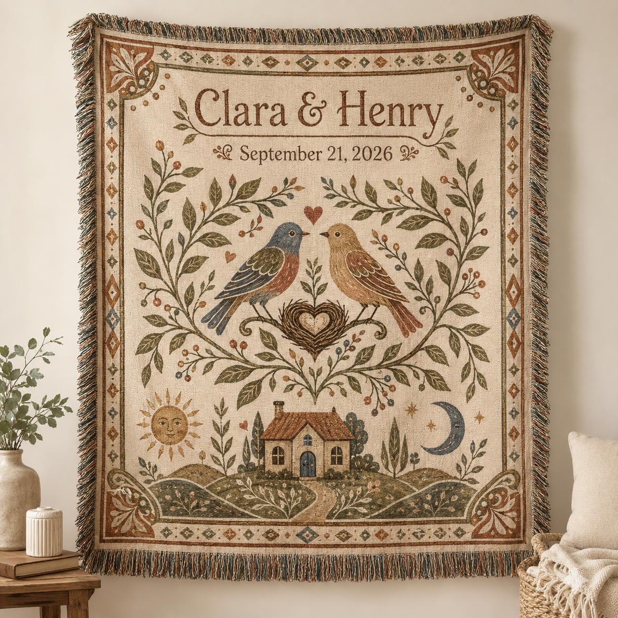 Personalized lovebirds wedding woven blanket with custom couple names and date