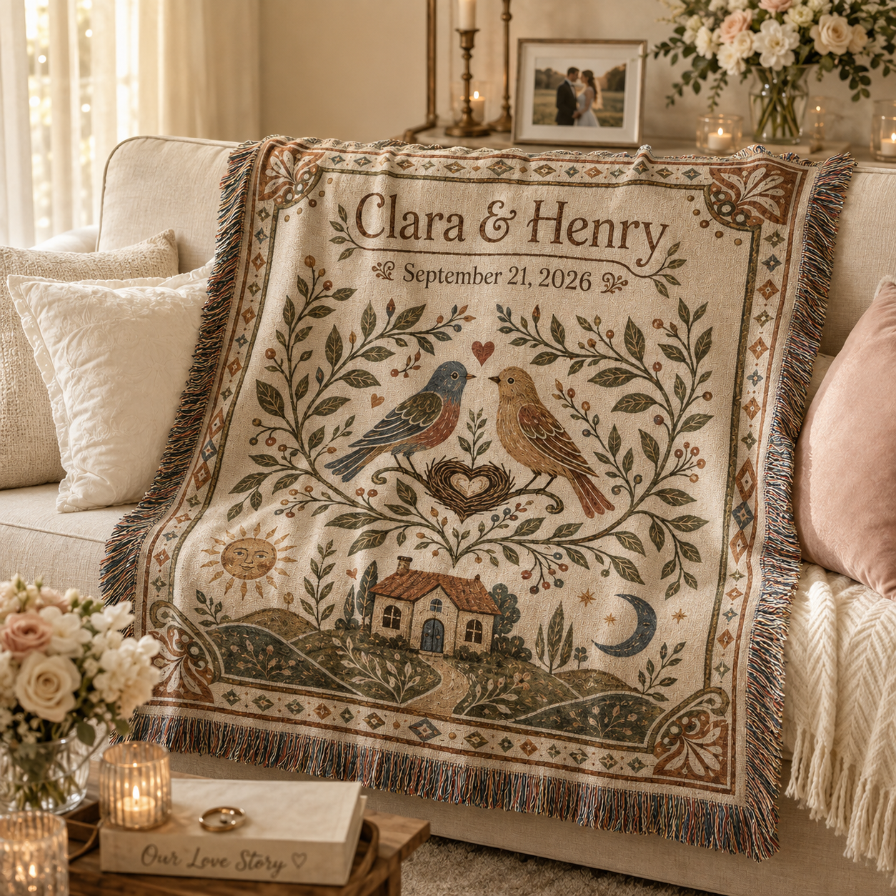 Personalized lovebirds wedding woven blanket softly draped on a sofa