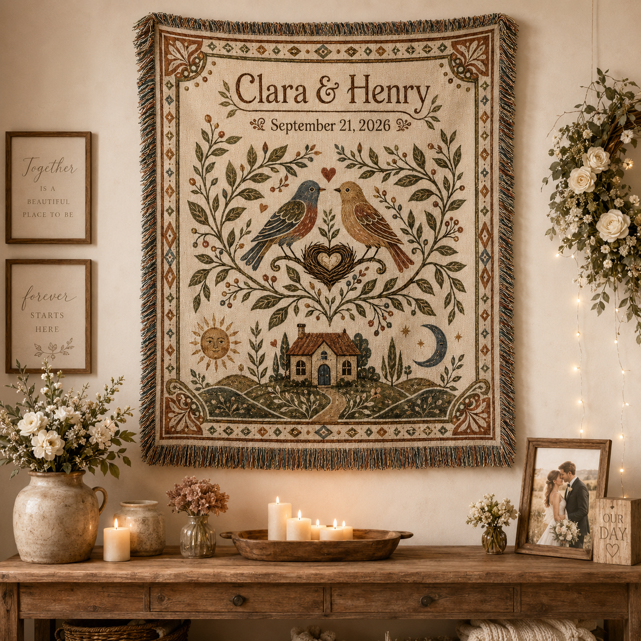 Personalized lovebirds wedding woven blanket displayed as romantic wall decor