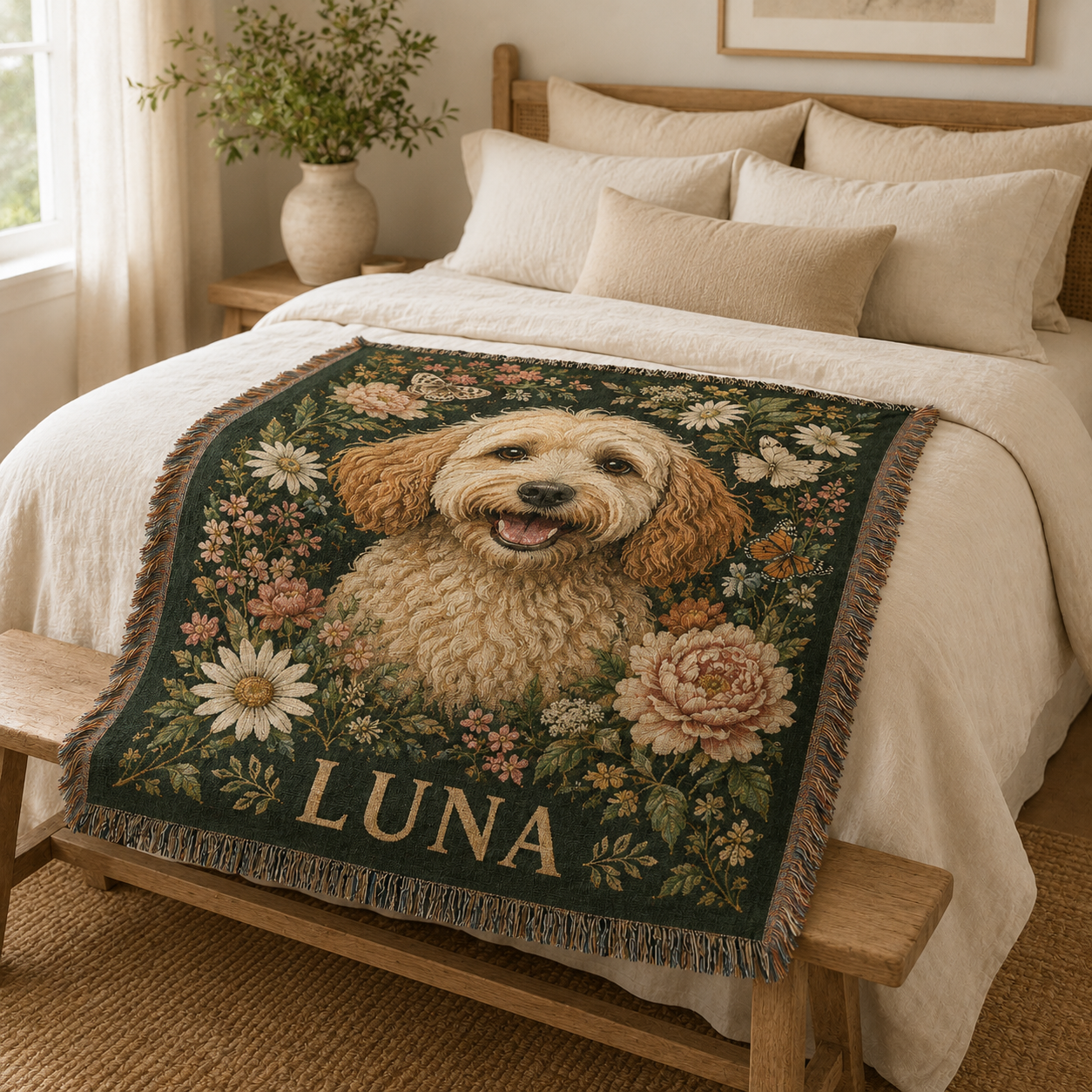 Personalized Luna pet portrait woven blanket styled across the foot of a neutral bedroom bed