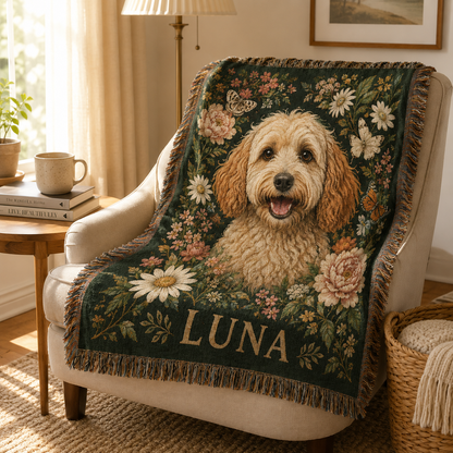 Personalized Luna pet portrait woven blanket draped over a cozy reading chair