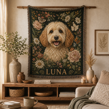 Personalized Luna pet portrait woven blanket displayed as boho wall decor above a wooden console