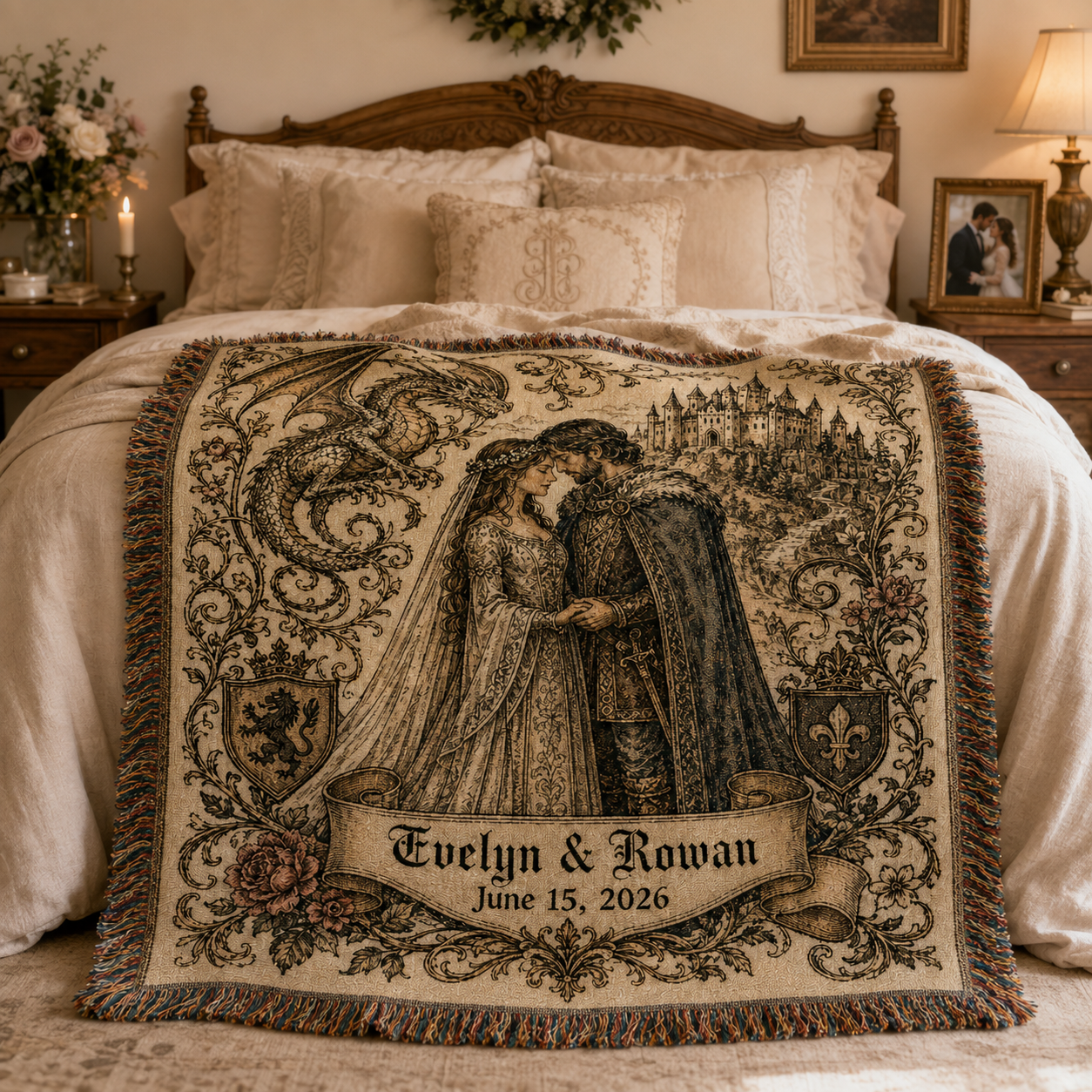 Personalized medieval fantasy wedding woven blanket styled across a romantic bedroom bed