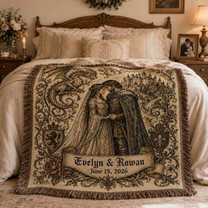 Personalized medieval fantasy wedding woven blanket styled across a romantic bedroom bed