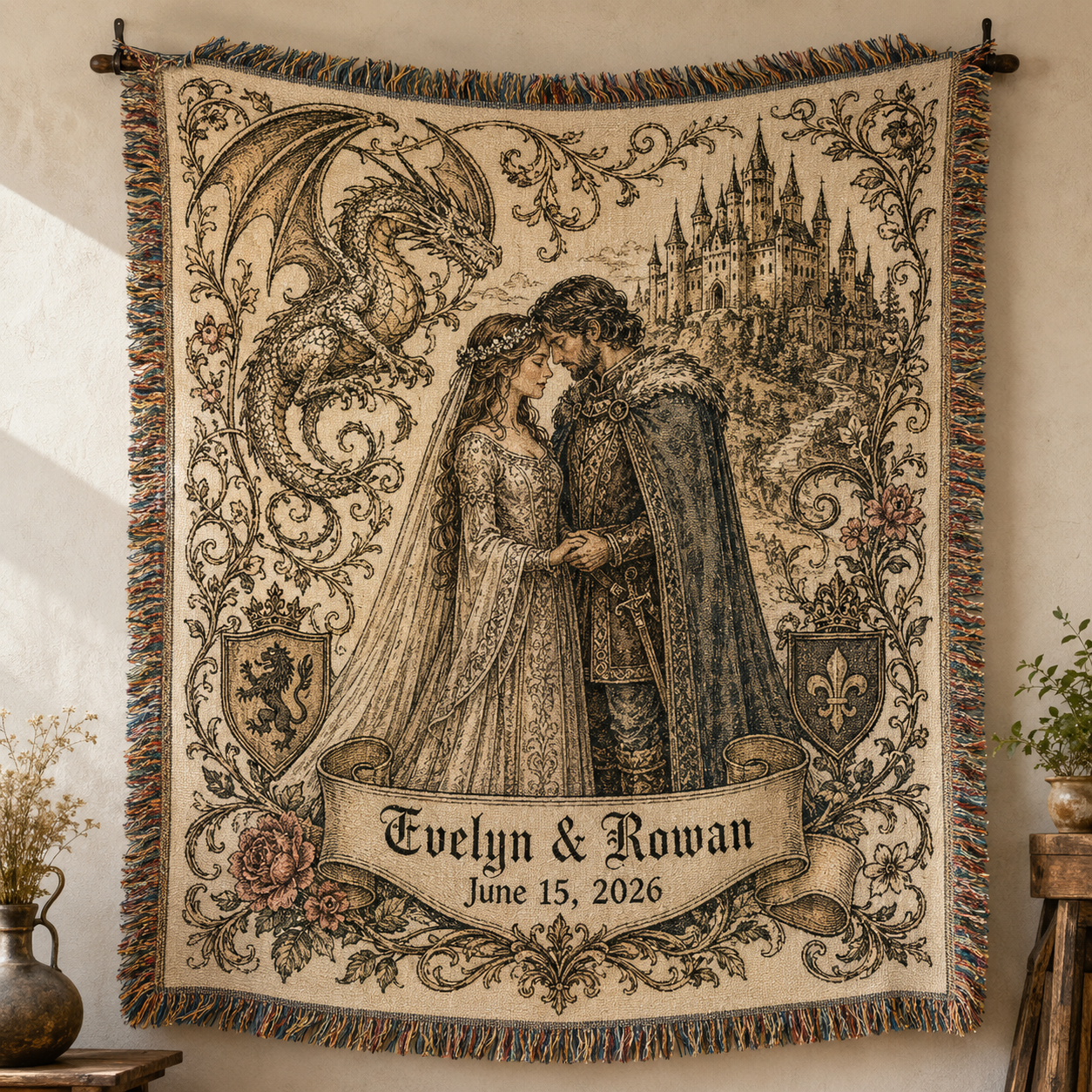 Personalized medieval fantasy wedding woven blanket with dragon castle couple names and date