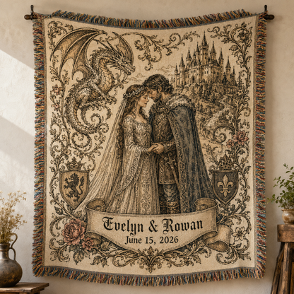 Personalized medieval fantasy wedding woven blanket with dragon castle couple names and date