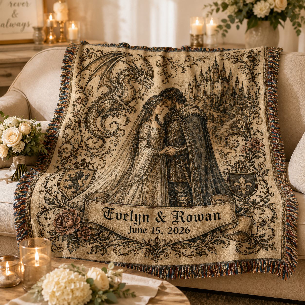 Personalized medieval fantasy wedding woven blanket softly draped on a sofa
