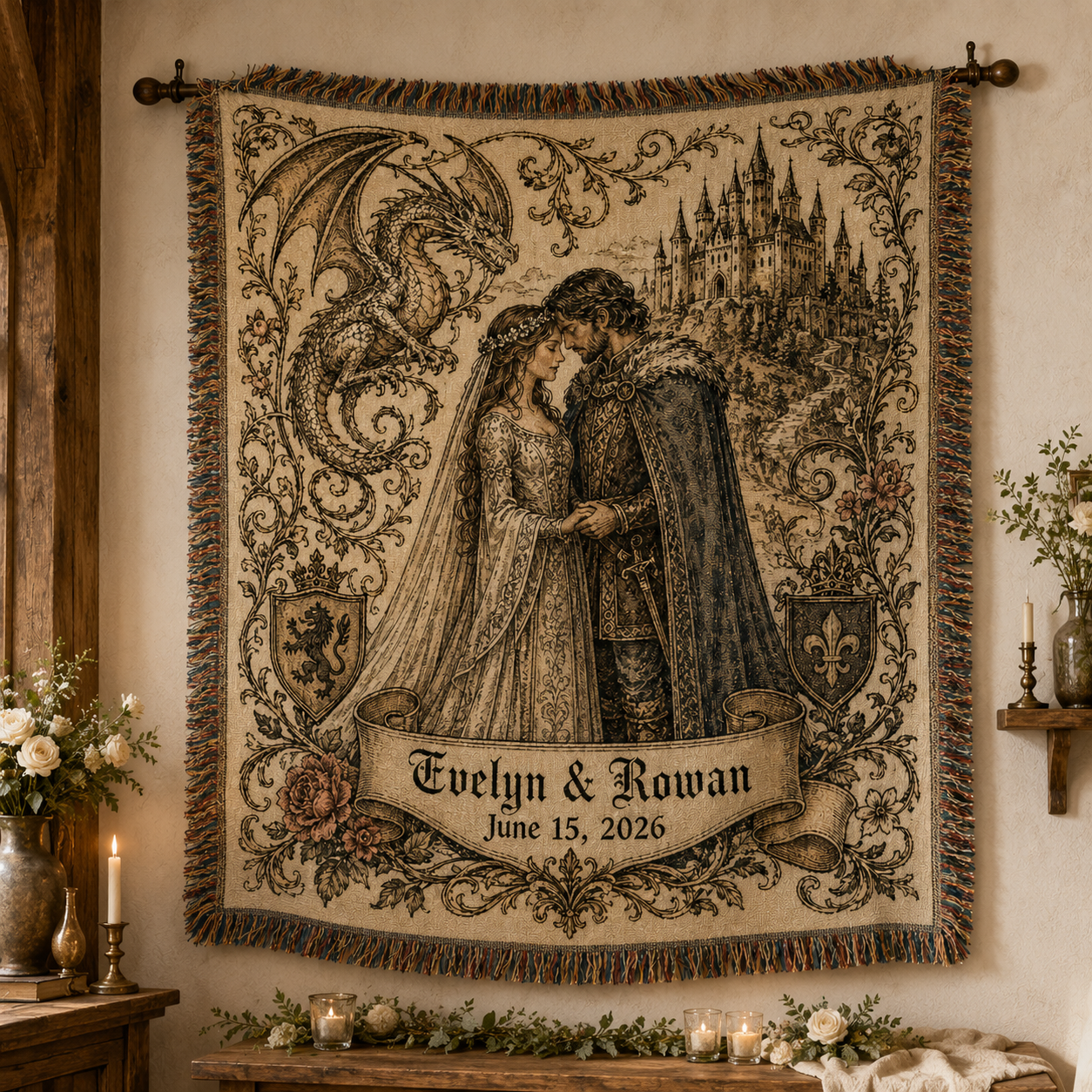 Personalized medieval fantasy wedding woven blanket displayed as wall decor
