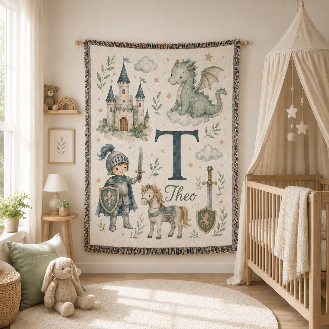 Personalized medieval nursery woven blanket with dragon castle knight pony initial and name