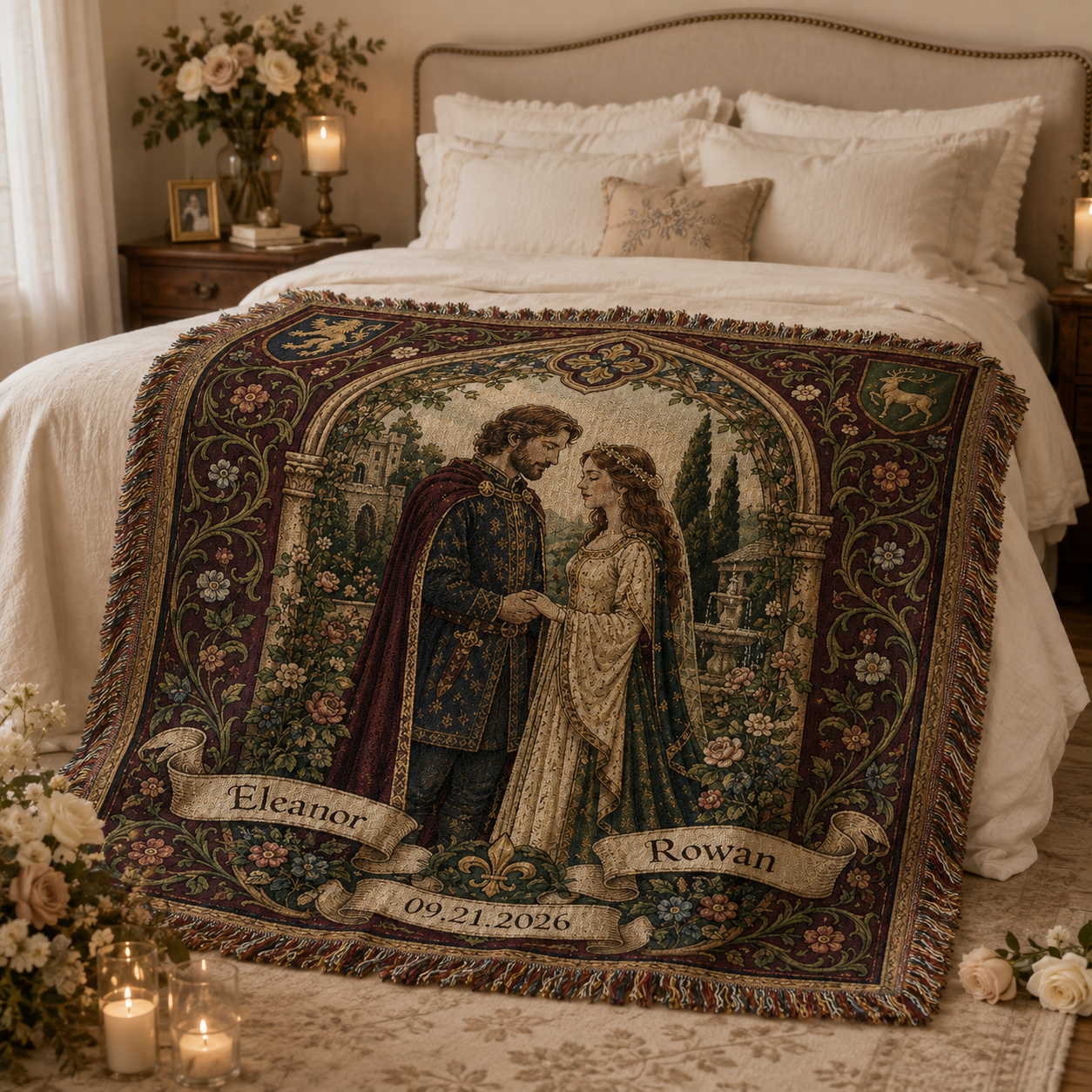 Personalized medieval wedding woven blanket styled across a romantic bedroom bed