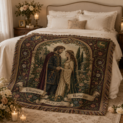 Personalized medieval wedding woven blanket styled across a romantic bedroom bed