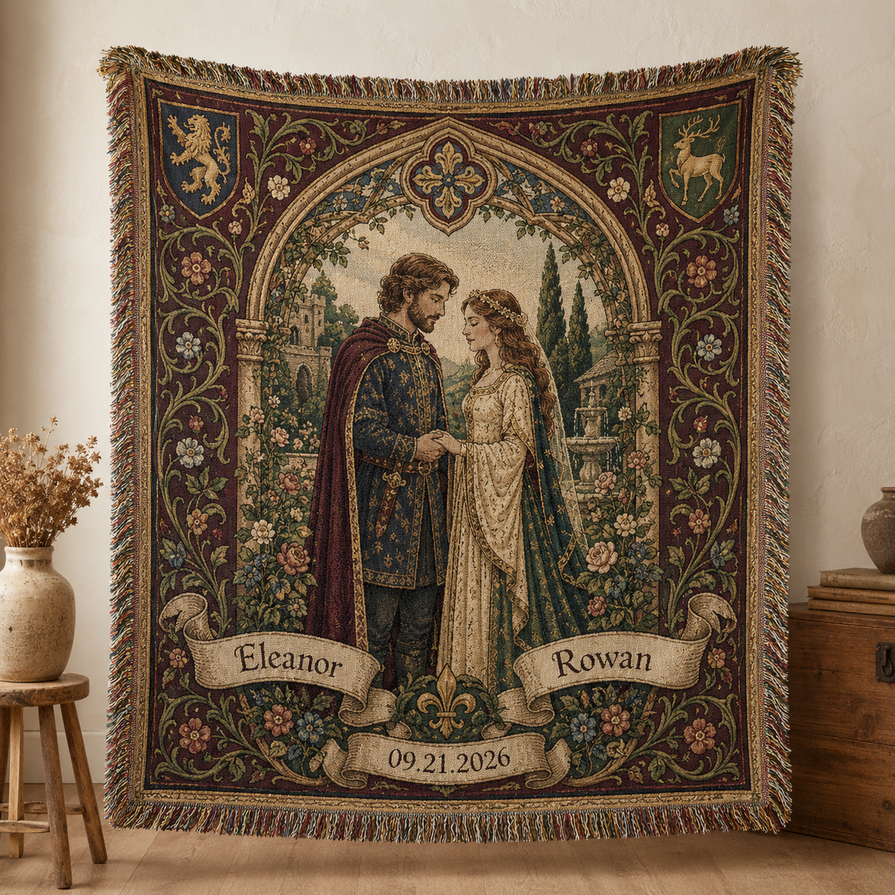 Personalized medieval wedding woven blanket with custom couple names and date, ornate floral tapestry design