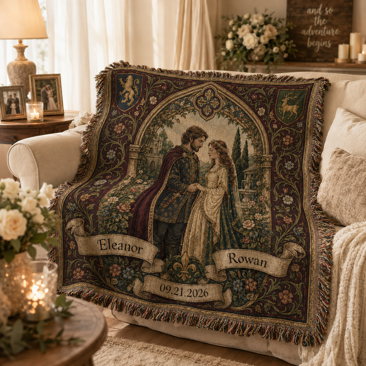 Personalized medieval wedding woven blanket displayed in a warm romantic living room