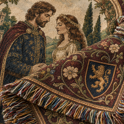 Macro detail of personalized medieval wedding woven blanket texture and multicolor fringe