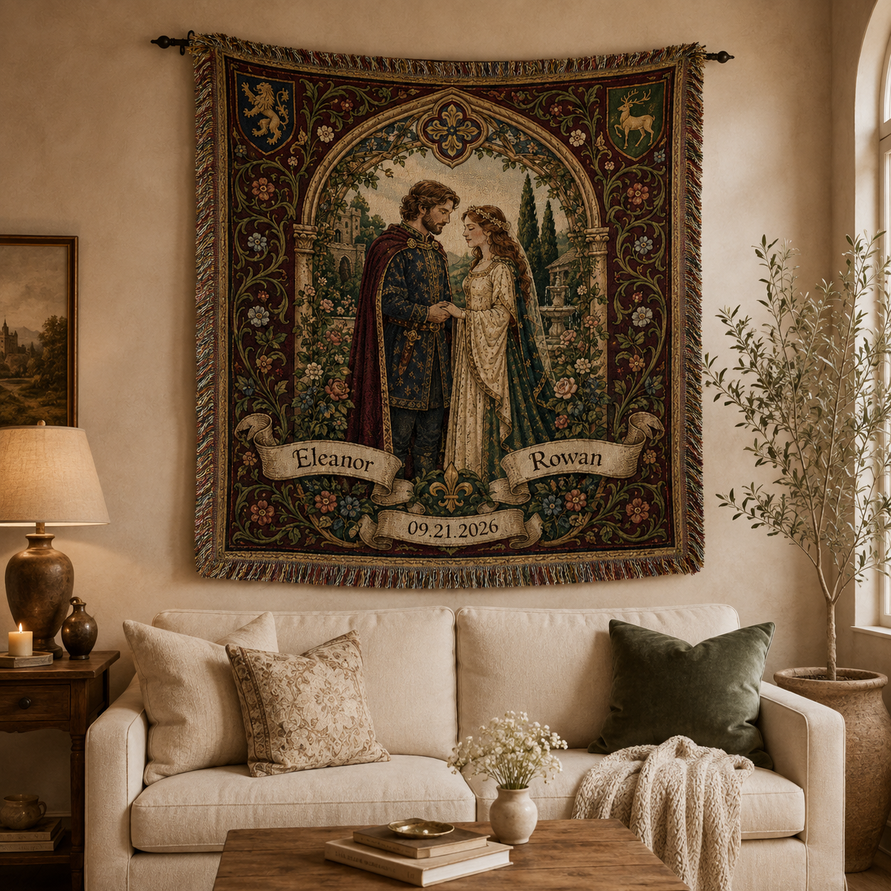 Personalized medieval wedding woven blanket displayed as romantic wall decor