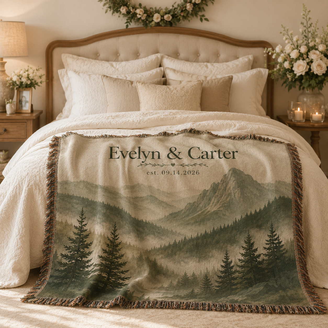 Personalized misty mountain wedding woven blanket styled across a romantic bedroom bed