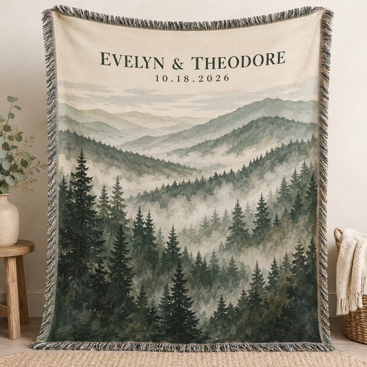 Personalized misty mountain wedding woven blanket with custom couple names and date