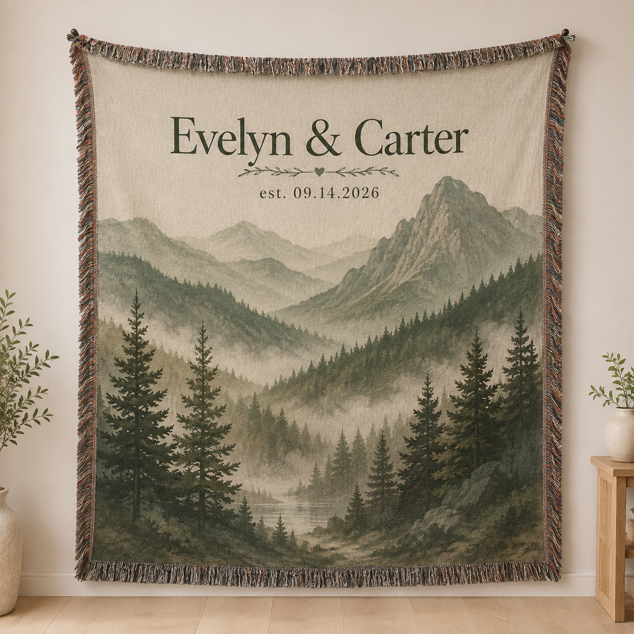 Personalized misty mountain wedding woven blanket with custom couple names and date