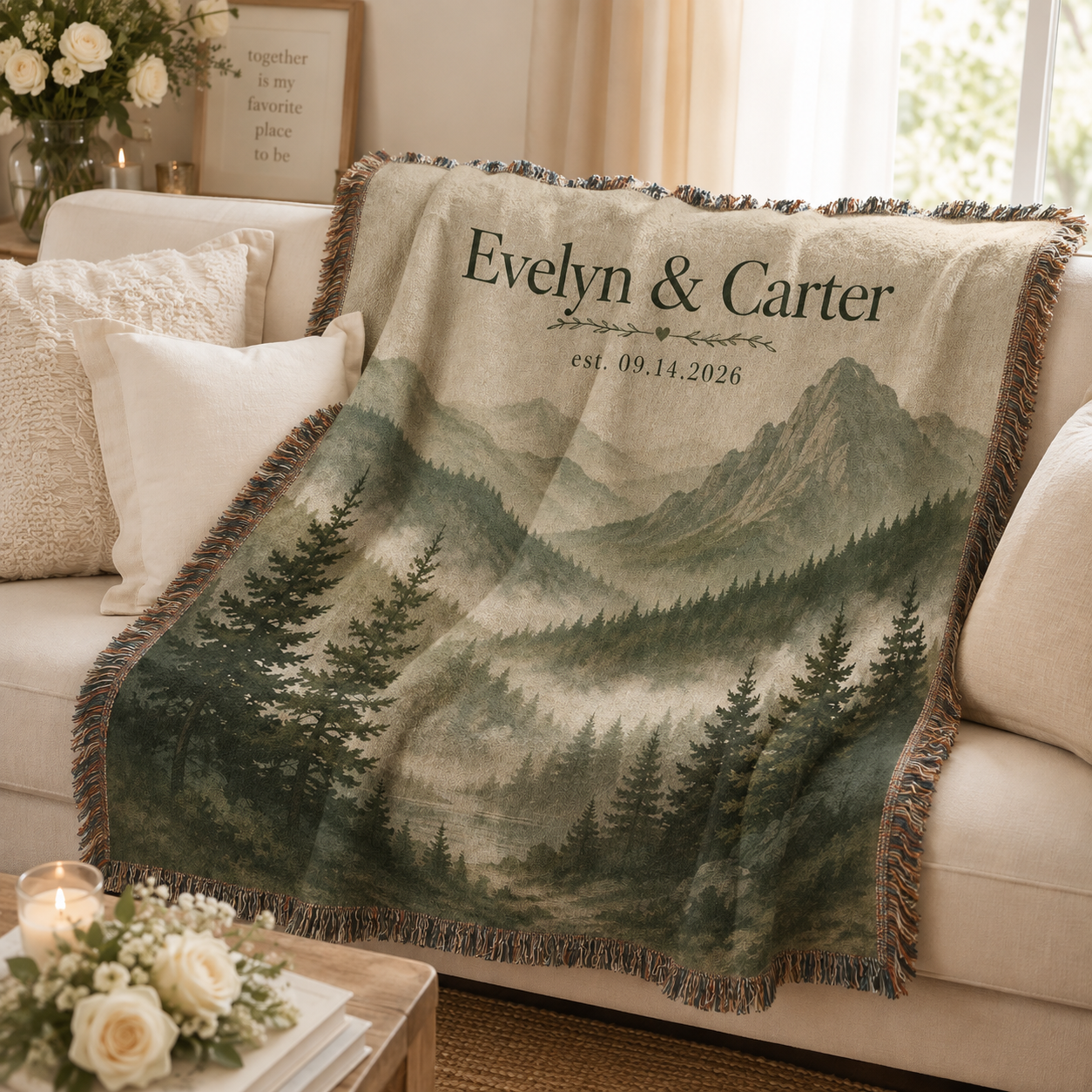 Personalized misty mountain wedding woven blanket softly draped on a neutral sofa