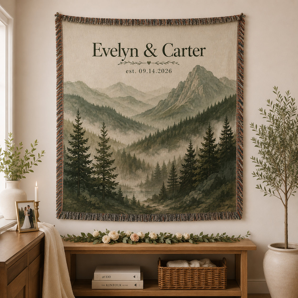 Personalized misty mountain wedding woven blanket displayed as romantic textile wall decor