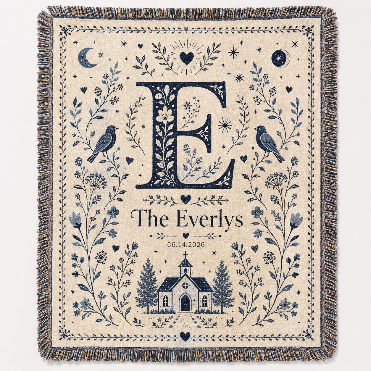 Personalized monogram wedding woven blanket with family name, date, folk floral birds and chapel design