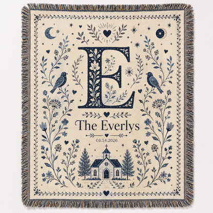 Personalized monogram wedding woven blanket with family name, date, folk floral birds and chapel design
