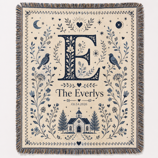 Personalized monogram wedding woven blanket with family name, date, folk floral birds and chapel design