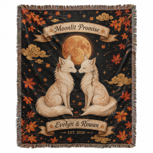 Personalized Moonlit Promise fox wedding woven blanket with custom couple names and established year