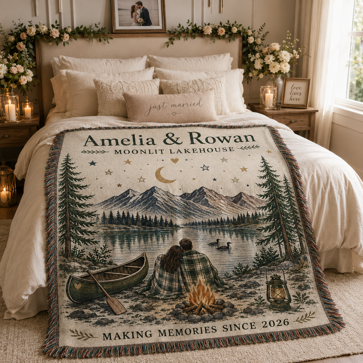 Personalized Moonlit Lakehouse wedding woven blanket styled across a romantic bedroom bed