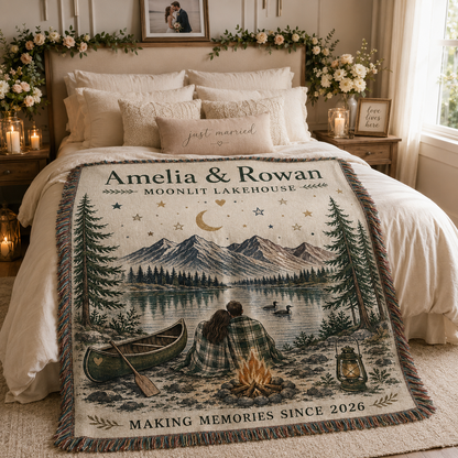 Personalized Moonlit Lakehouse wedding woven blanket styled across a romantic bedroom bed