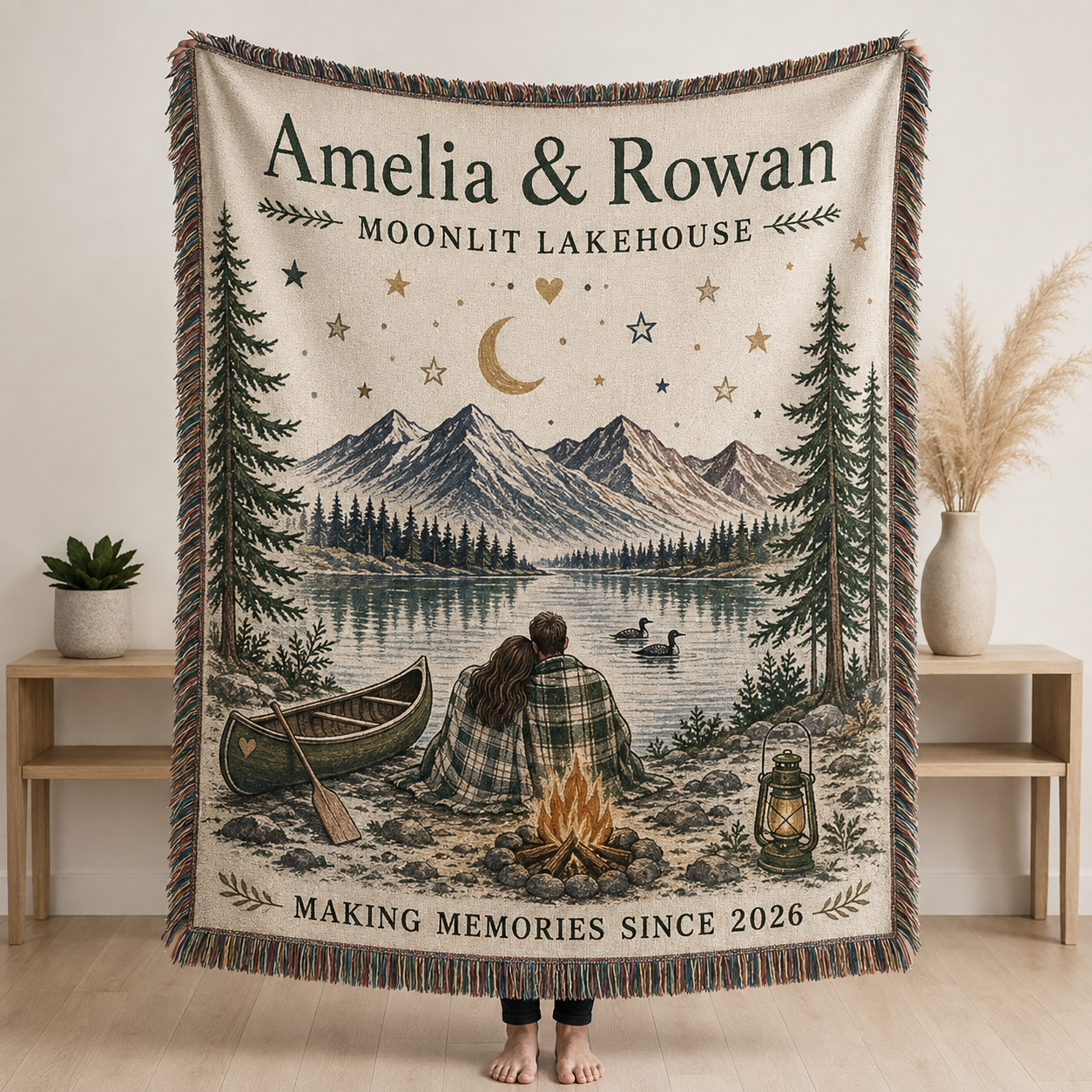 Personalized Moonlit Lakehouse wedding woven blanket with custom couple names