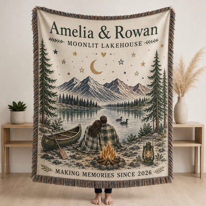 Personalized Moonlit Lakehouse wedding woven blanket with custom couple names