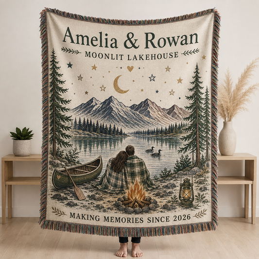 Personalized Moonlit Lakehouse wedding woven blanket with custom couple names