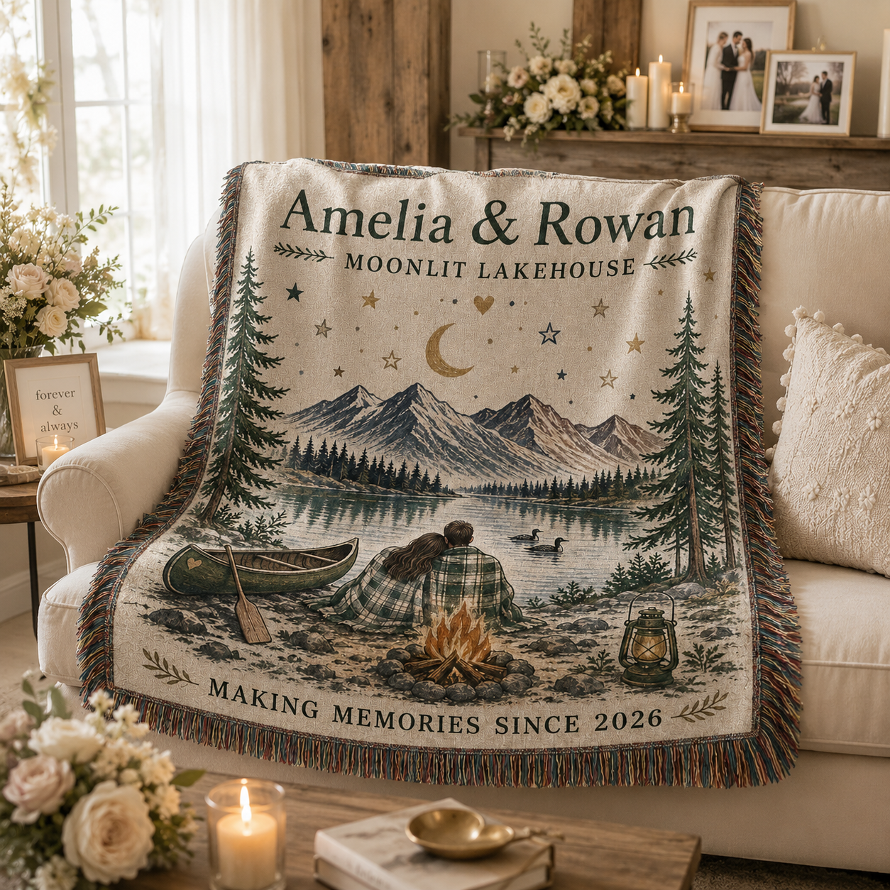 Personalized Moonlit Lakehouse wedding woven blanket softly draped on a sofa
