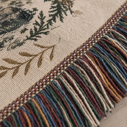 Macro woven texture and multicolor fringe detail of Moonlit Lakehouse woven blanket