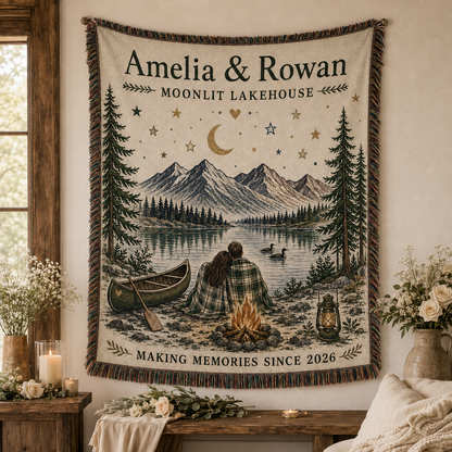 Personalized Moonlit Lakehouse wedding woven blanket displayed as rustic wall decor