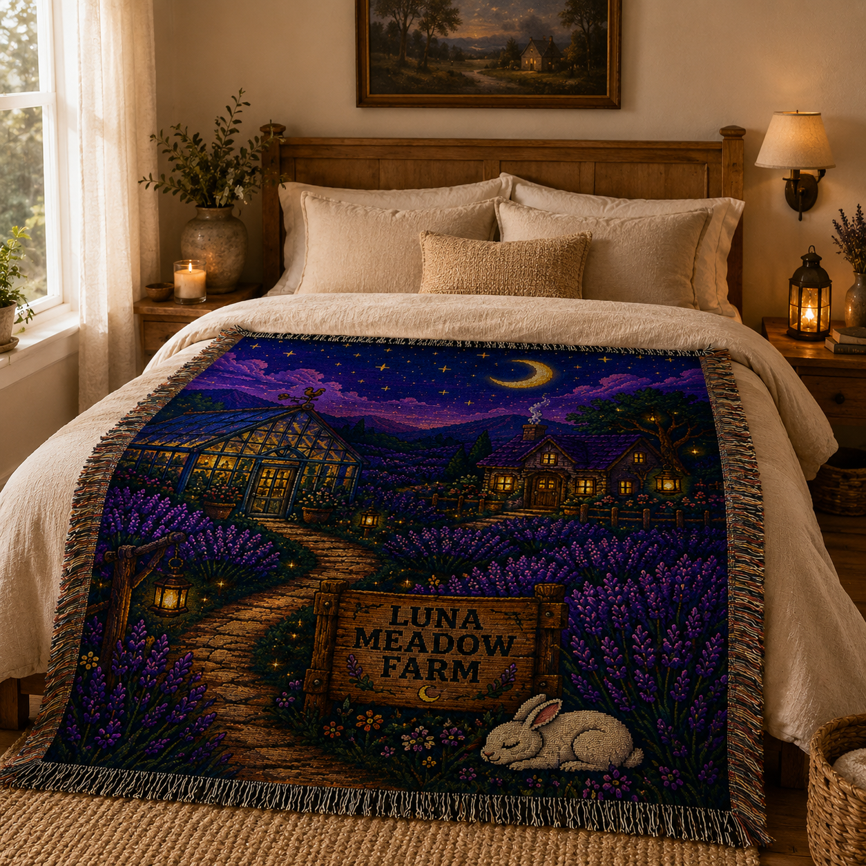 Personalized lavender farm woven blanket styled across a warm rustic bedroom bed